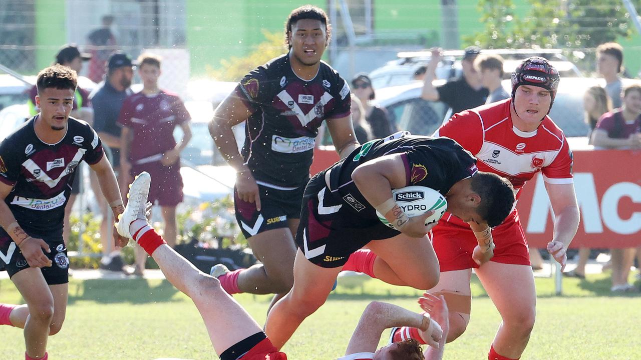 Marsden SHS captain Chris Faagutu drives forward in the final. The Wests Tigers will be well pleased with this recruit. Picture: Liam Kidston.