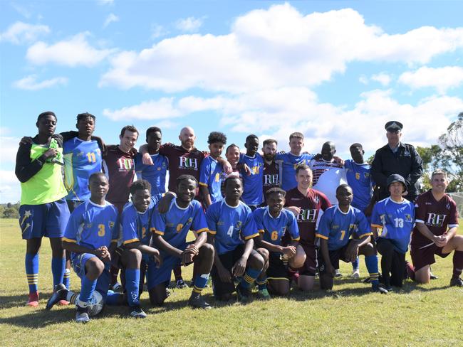 Redbank Plains State High students played against Queensland Police officers in a game of soccer on Wednesday morning. Photo: Ebony Graveur