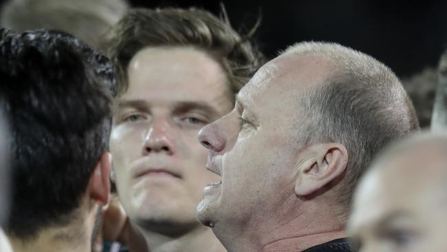 Port Adelaide’s Jared Polec listens to coach Ken Hinkley’s three-quarter time address in the Round 23 clash with Essendon at Adelaide Oval. Picture: Sarah Reed