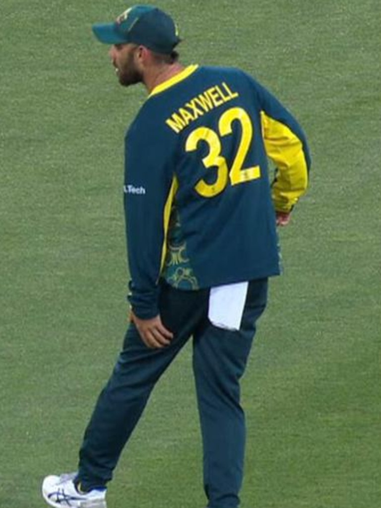 Glenn Maxwell grabbed at his left hamstring and came from the field in the third T20 against Pakistan, with scans later confirming a grade two tear. Picture: Fox Cricket