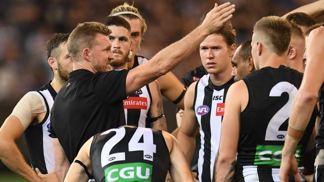 Collingwood coach Nathan Buckley instructs his team during last week’s game against Geelong. Picture: AAP