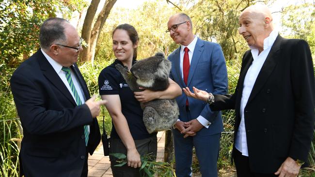 Environment minister Ian Hunter, Premier Jay Weatherill, Koala keeper Ashleigh Hunter and entrepreneur Allan Zeman. Picture: Tricia Watkinson