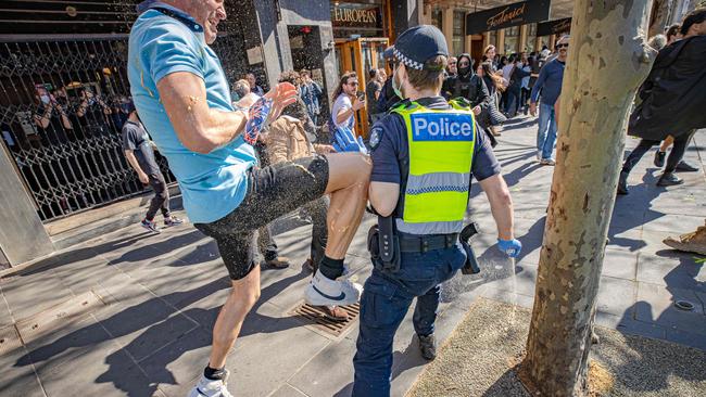 Anti-lockdown protests in Melbourne’s CBD on Saturday turned violent. Picture: Jason Edwards