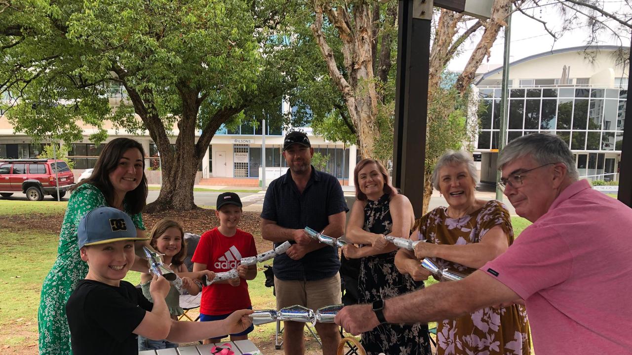 Ben Fischer, Agatha Moar and Winifred, Lennox, Troy and Sigrid Fischer, Cecilia Moar and Simone Cullen enjoy Christmas celebrations at Cotton Tree Park. Picture: Laura Pettigrew.