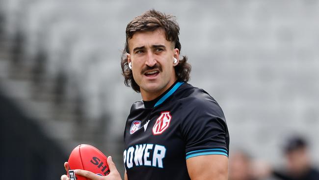 MELBOURNE, AUSTRALIA - APRIL 20: Ivan Soldo of the Power warms up before the 2024 AFL Round 06 match between the Collingwood Magpies and the Port Adelaide Power at the Melbourne Cricket Ground on April 20, 2024 in Melbourne, Australia. (Photo by Dylan Burns/AFL Photos via Getty Images)