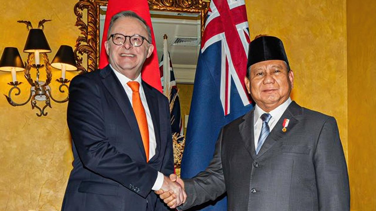 Prime Minister Anthony Albanese and Indonesian President Prabowo Subianto meet for the first time at APEC in Peru. Picture: PMO