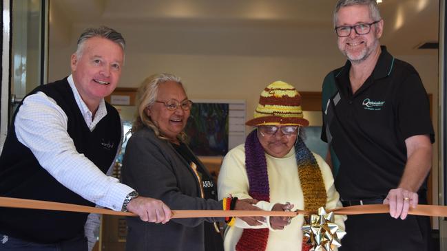 Cairns MP Michael Healy, Gunggandji Elders June Noble and Dorita Wilson with Quicksilver Group CEO Tony Baker cut the ribbon to officially open Wunyami Cultural Tours on Green Island. Picture: Supplied