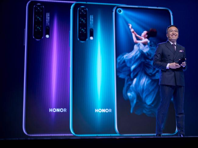 George Zhao, president of Honor, a sub-brand of Chinese telecommunications company Huawei, delivers a keynote speech at an event to launch the Honor 20 Series smartphones at Battersea Evolution in London in 2019. Picture: AFP