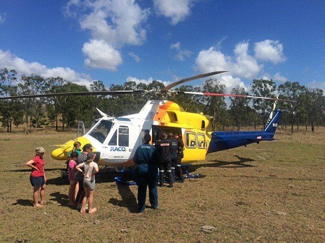 A 40-year-old man is airlifted by the RACQ Capricorn Helicopter Rescue Service after rolling his quad bike on a property at Kunwarara. Picture: Contributed