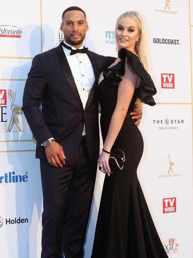 Josh Gibson and Simone Holtznagel arrive at the 2018 Logie Awards on the Gold Coast. Picture: Mega