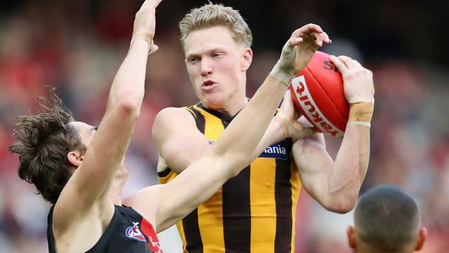 James Sicily outmarks Joe Daniher. Picture: Michael Klein