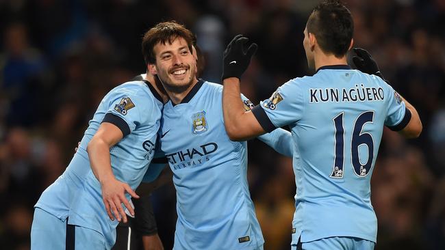 David Silva of Manchester City celebrates scoring their fourth goal.