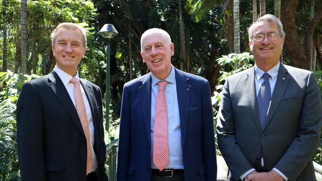 CQUniversity Vice-Chancellor and President Nick Klomp, incoming chancellor Mr Graeme Innes AM, and outgoing chancellor John Abbott AM. Picture: Contributed