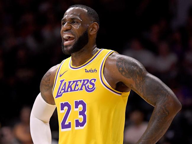 SAN DIEGO, CA - SEPTEMBER 30: LeBron James #23 of the Los Angeles reacts during a preseason game against the Denver Nuggets at Valley View Casino Center on September 30, 2018 in San Diego, California.   Harry How/Getty Images/AFP == FOR NEWSPAPERS, INTERNET, TELCOS & TELEVISION USE ONLY ==