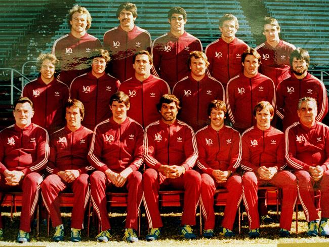 The first Queensland State of Origin team (back, from left) Wally Lewis, Rod Reddy, Mal Meninga, Colin Scott and Brad Backer, (middle, from left) Kerry Boustead, Chris Close, Rod Morris, Rohan Reddy, Norm Carr and Bruce Astill, and (front, from left) Brian Davies (manager), Greg Oliphant, John McDonald (coach), Artie Beetson (captain), Alan Smith, John Lang and Duncan Hall (manager).