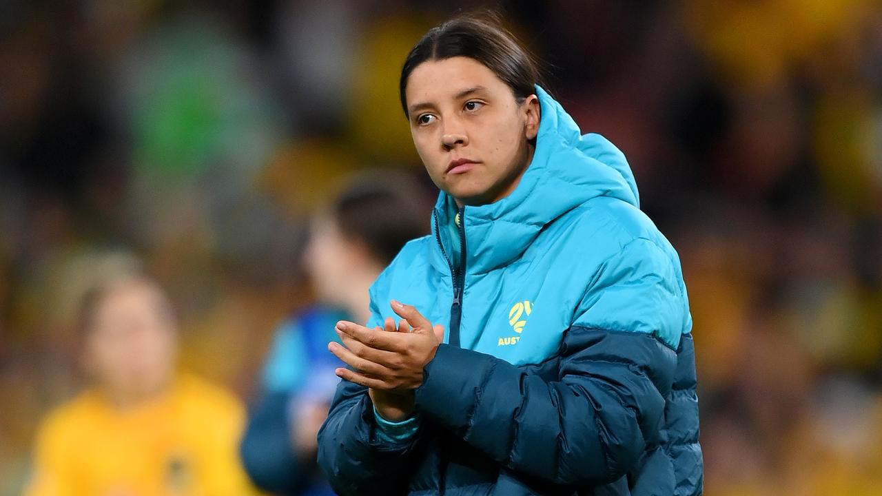 BRISBANE, AUSTRALIA – JULY 27: Sam Kerr of Australia applauds fans after her team's 2-3 defeat in the FIFA Women's World Cup Australia &amp; New Zealand 2023 Group B match between Australia and Nigeria at Brisbane Stadium on July 27, 2023 in Brisbane, Australia. (Photo by Justin Setterfield/Getty Images)