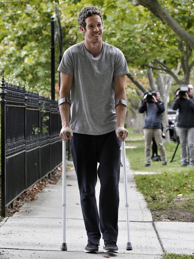 Western Bulldogs skipper Robert Murphy leaves surgeon David Young’s office in Prahran after injuring his left knee against Hawthorn yesterday. Pic: Michael Klein