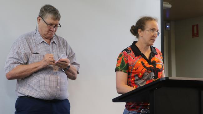 Dr Natasha Coventry and Dr Desmond Hill present a deputation on the benefits of fluoridated water to Cook Shire councillors in Cooktown on Tuesday morning.