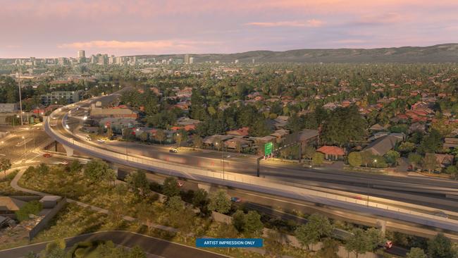 An elevated ramp will take motorists from the south directly and non-stop from the Torrens to Darlington motorway to Anzac Highway on a new overpass over the interchange at South Road. Supplied: SA Government