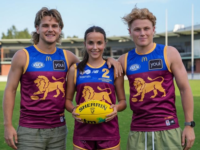And the siblings together in Brisbane colours this year. Picture: Brisbane Lions/supplied.
