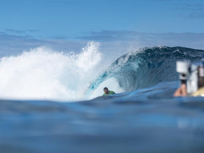 Water filmer Samuel Smith capturing Jack Robinson in Tahiti. Picture: Tim McKenna