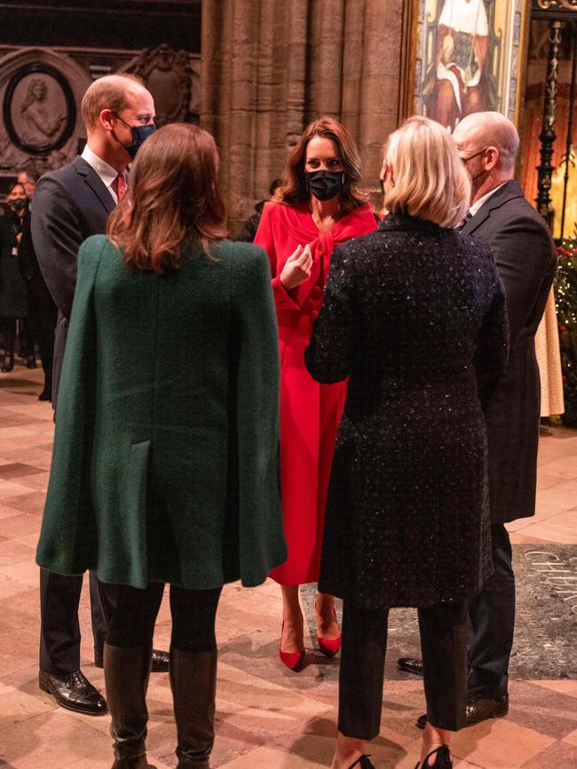 Kate and William chat with Eugenie, Zara and Mike. Picture: Heathcliff O’Malley/AFP