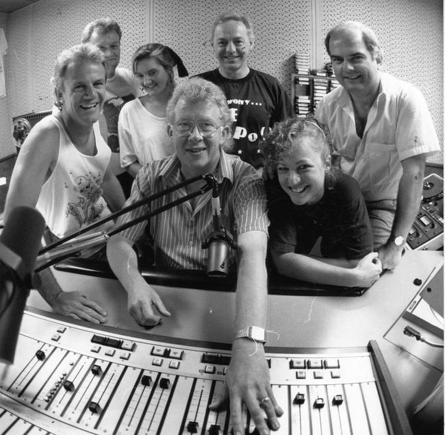 SAFM's Morning Zoo team in 1989 at their Greenhill Road, Unley studios: Grant Cameron (weather), Noel Wilson (news), Pip Cowan (researcher) John Vincent (DJ), Greg Rees (sport), Kaye Mathewson (news) and John Williams (news).