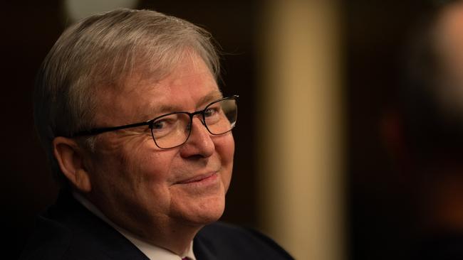 Former Australian prime minister Kevin Rudd speaks during a Q&A session at the Lowy Institute in Sydney, Thursday, June 13, 2019. Mr Rudd discussed China and the new era of strategic competition with the United States across trade, technology, and geopolitics. (AAP Image/Paul Braven) NO ARCHIVING