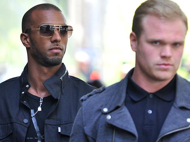 Southern Star soccer players Reiss Noel (left) and Joe Wooley leave court in Melbourne, on December 6, 2013. Picture: AAP Image/Julian Smith