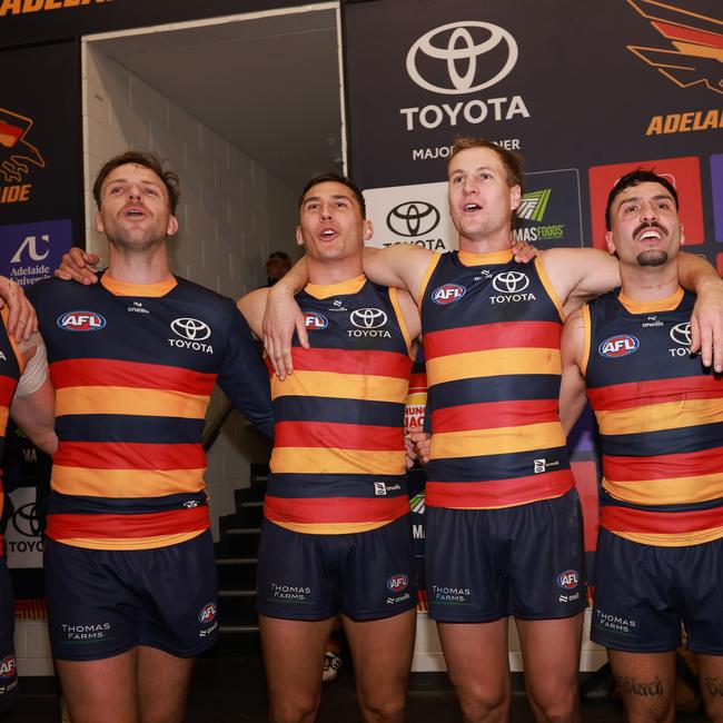 Crows playing singing the song after beating the Lions. Picture James Elsby/AFL Photos via Getty Images