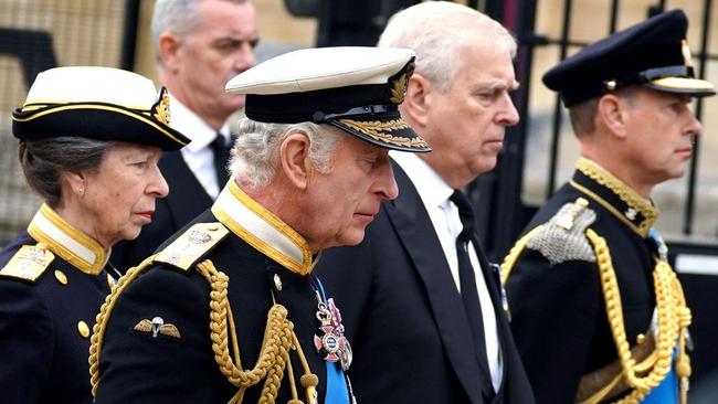 The Queen’s children L-R: Princess Anne, King Charles III, Prince Andrew and Prince Edward at their mother’s state funeral. Picture: AFP