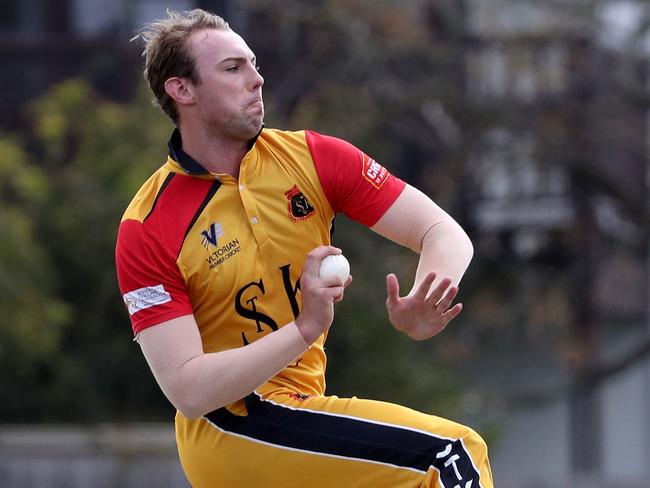 Matt Hennig of St K bowling during the Premier Cricket match between Fitzroy Doncaster and St Kilda played at Schramms Reserve on Saturday 12th October, 2019.