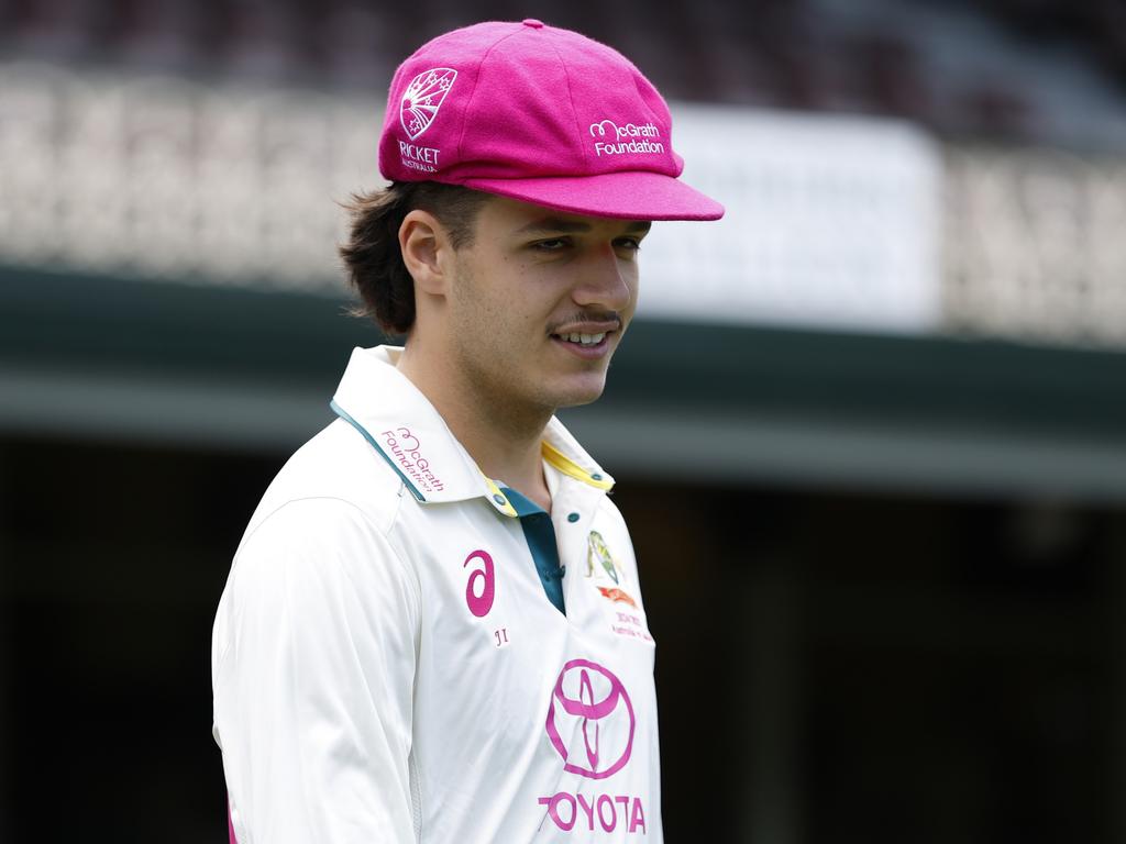 Sam Konstas with his baggy pink at the SCG. Picture: Darrian Traynor/Getty Images