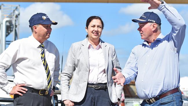 Premier Annastacia Palaszczuk arrives at the Port of Townsville with state MPs Aaron Harper and Scott Stewart. Picture: Zak Simmonds