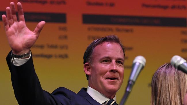 Tasmanian Premier Will Hodgman raises his arm at the Hotel Grand Chancellor after his election win on March 3, 2018. Picture: AAP