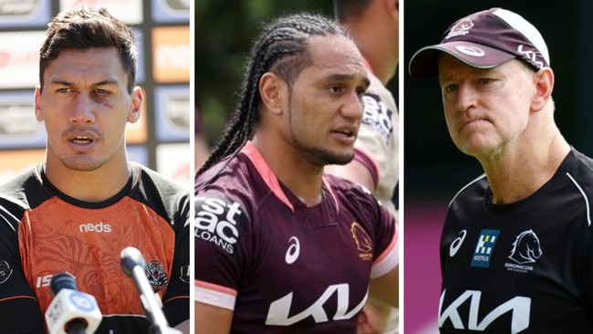 Elijah Taylor, Martin Taupau and Broncos coach Michael Maguire.