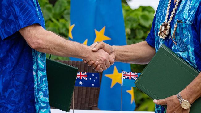 Prime Minister of Australia Anthony Albanese with Prime Minister of Tuvalu Kausea Natano signing a treaty that will safeguard Tuvalu’s future while respecting sovereignty to be known as the ‘Falepili Union’. Photo: X