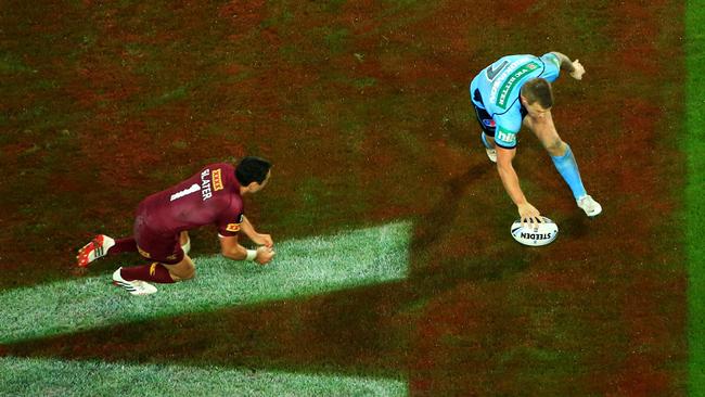 Trent Hodkinson scores the winning try for the Blues. Picture: Adam Taylor