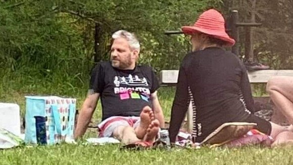 Victorian Chief Health Officer Brett Sutton spotted in Bright without a mask and not social distancing at a picnic. Picture: Facebook