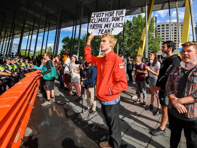 A climate change protester at the blockade of the 2019 IMARC conference. Picture: Jake Nowakowski