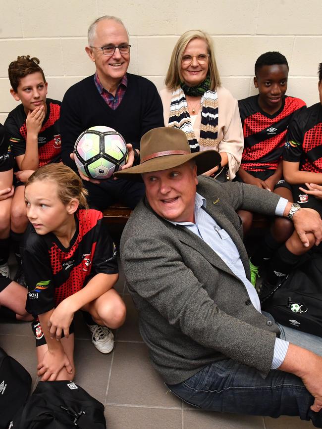 LNP candidate for Longman Trevor Ruthenberg with Mr and Mrs Turnbull with the Caboolture under 13s on Saturday. Picture: AAP