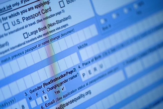 A partially completed passport application, with an 'X' gender marker, is seen on a computer monitor in 2022