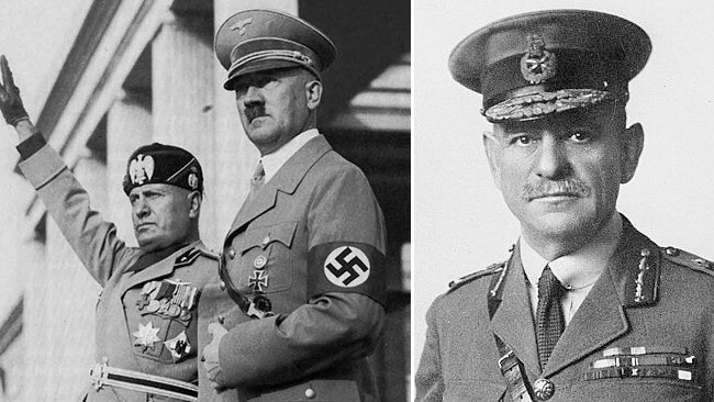 A citizens’ plot was hatched to make Sir John Monash, right, dictator of Australia in the style of budding European fascist Benito Mussolini and national socialist Adolf Hitler, left.