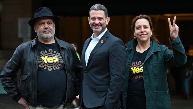 Indigenous leader Noel Pearson, Aboriginal Affairs Minister Kyam Maher and movie director Rachel Perkins have been campaigning in South Australia, where the ‘yes’ vote has pulled ahead of ‘no’. Picture: NCA NewsWire / Naomi Jellicoe