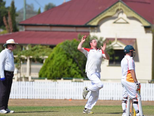 John Cleary on the way to taking four wickets for Warwick Hotel Colts in the preliminary final at Slade Park.