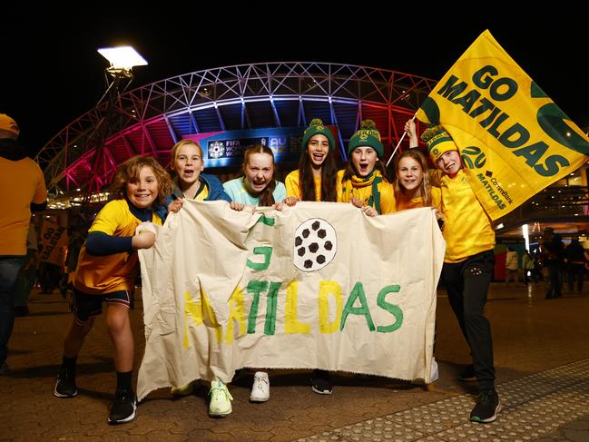 DAILY TELEGRAPH 20TH JULY 2023Pictured at Sydney Olympic Park at Homebush in Sydney is Alfie Sims, Lola sims, Elsie Miller, Zahara Brammall, Lexi Moir , Olive Sims, Maisie Mille ahead of the kick off of the opening Matildas game against Ireland in the 2023 WomenÃs World Cup.Picture: Richard Dobson