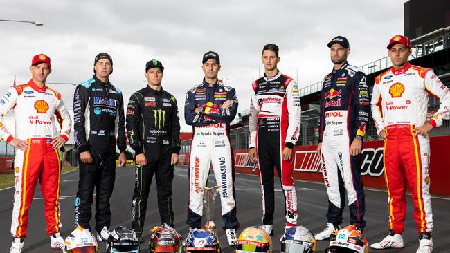 Seven of the Supercars title candidates lining up on the grid in 2021.