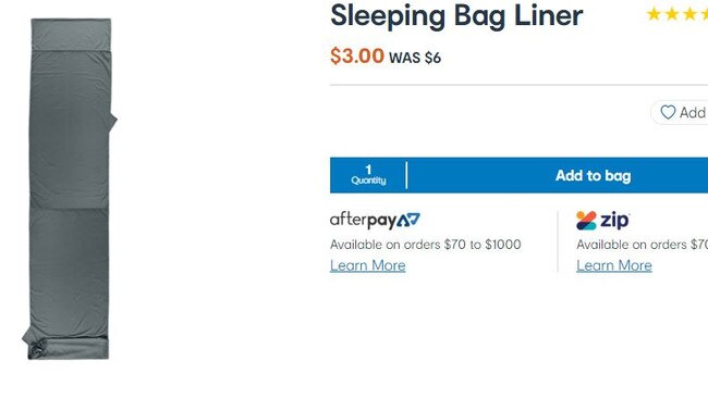 The Sleeping Bag Liner was $6, but is now on sale for half price. Picture: Kmart