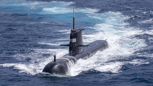 Submarine HMAS Rankin sails on the surface in the waters north of Darwin.