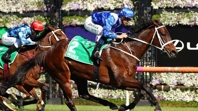 Hugh Bowman and Winx combine to win the Turnbull Stakes at Flemington.